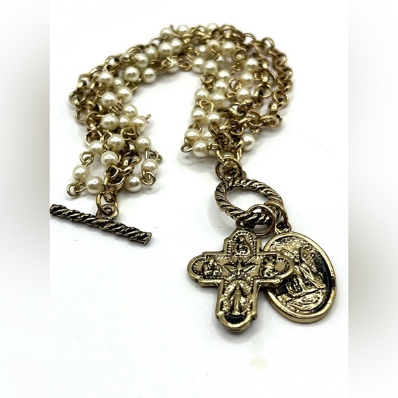 Bracelet Rosary Beads and Cross Medallion with St Christopher Pearl And Chain - Picture 6 of 11